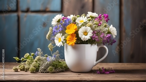 enchanting wildflower arrangement placed against a wooden backdrop in a rustic white cup is the ideal template for a postcard, with enough of room for text. This fascinating image