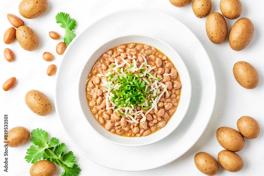 Bowl of beans with green onions and cheese, surrounded by potatoes and cilantro
