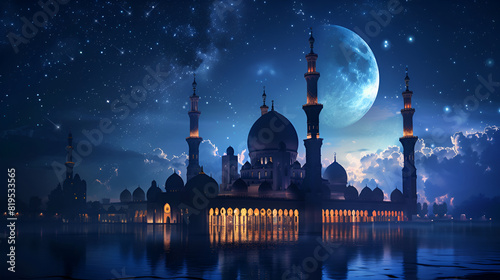Mosque at night Mosque building in magic moon light Ramadan kareem wallpaper Mosque celebration in the nighty background
 photo