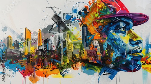 Colorful painting of a man with a hat and a city in the background. The painting is abstract and has a lot of different colors