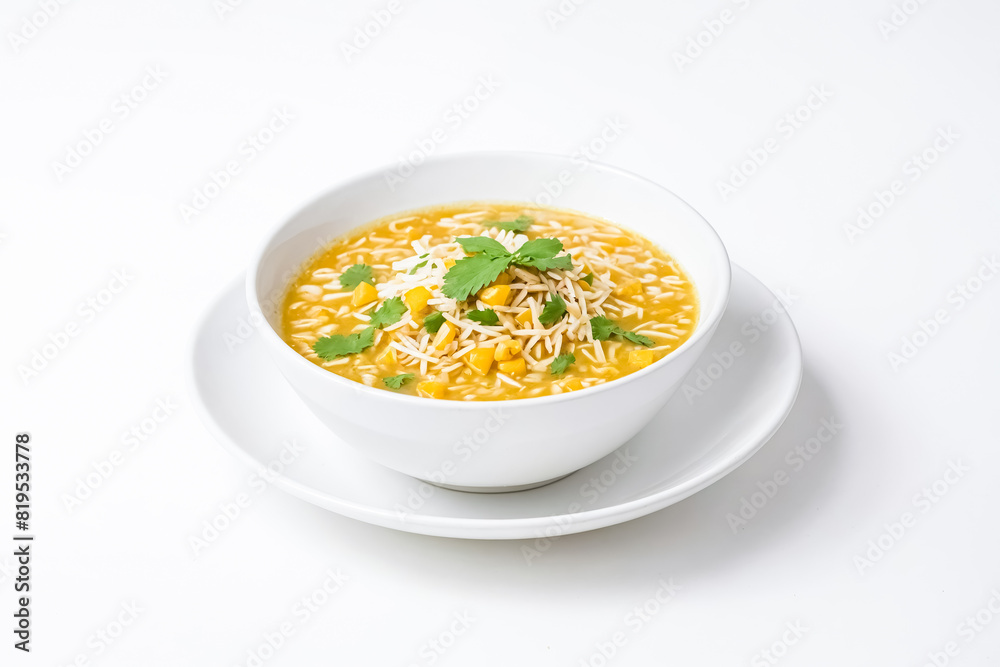 Corn Chowder Soup in White Bowl with Cilantro Garnish Corn Chowder Soup in White Bowl with Cilantro Garnish