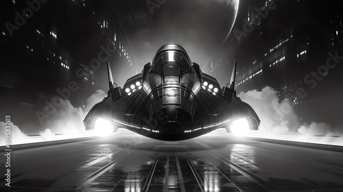 A deep space exploration vehicle launching from a hightech spaceport, front view, capturing the thrill of space travel, with a scifi tone in black and white photo