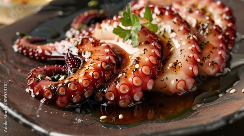 Plate of octopus and parsley on a table.