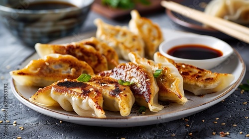 Plate of dumplings or gyoza with sauce. The dumplings are golden brown and look delicious