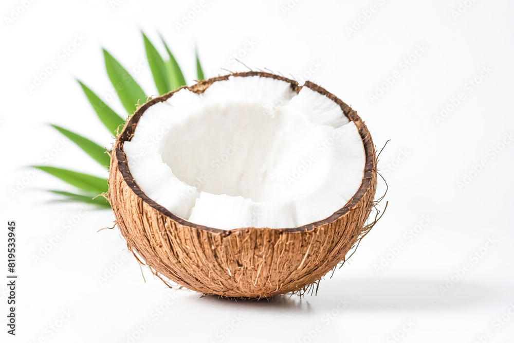 Half Coconut with Palm Leaf on White Background Half Coconut with Palm Leaf on White Background
