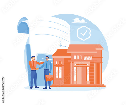 Man shaking hands with property agent. Signing documents regarding home purchase. Mortgage process concept. Flat vector illustration.