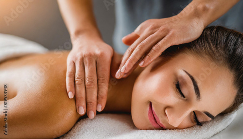 woman s bare back during a spa treatment  with a female hand gently massaging the skin  symbolizing relaxation  wellness  and self-care in a serene  white setting