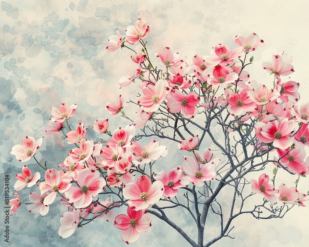 A beautiful dogwood tree in full bloom, its branches adorned with showy pink and white flowers, set against a gentle spring breeze in a charming garden Watercolor, Soft pink and white tones