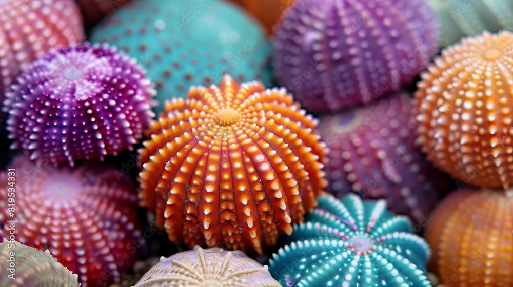 Highlight the vibrant colors and unique markings of different species of sea urchins