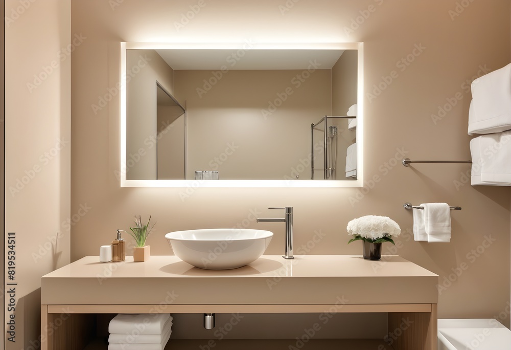 A stylish Beige hotel modern bathroom interior with sink and mirror, vase on countertop A stylish Beige hotel modern bathroom interior with sink and mirror, vase on countertop