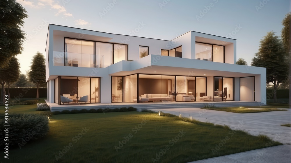 Architecture modern house with garage in summer, 3D building design illustration Architecture modern house with garage in summer, 3D building design illustration