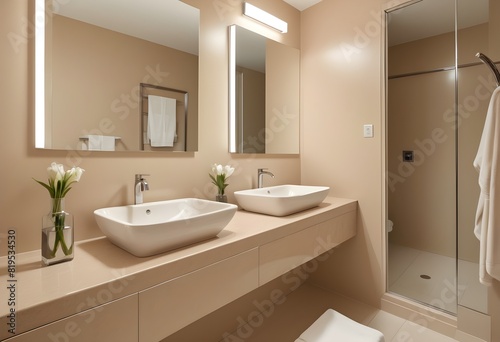 A stylish Beige hotel modern bathroom interior with sink and mirror  vase on countertop