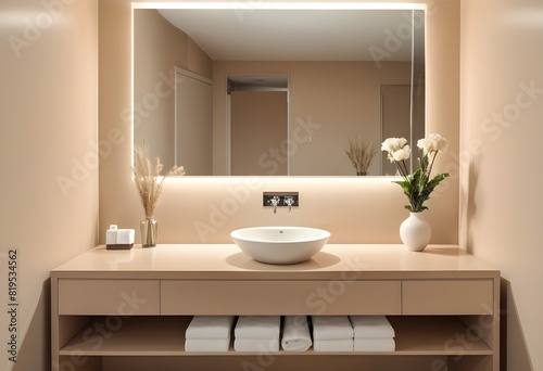 A stylish Beige hotel modern bathroom interior with sink and mirror  vase on countertop