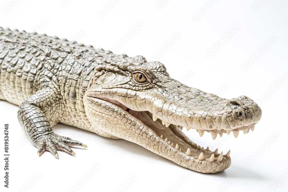 Obraz premium Close-Up of Open Crocodile Mouth with Sharp Teeth on White Background