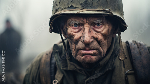 Old world war solder in the war, sad mood on face, closeup 