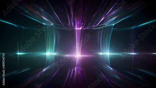 The photo shows vibrant  flowing beams of light in shades of blue  purple  and pink against a dark background  creating a dynamic  futuristic scene.