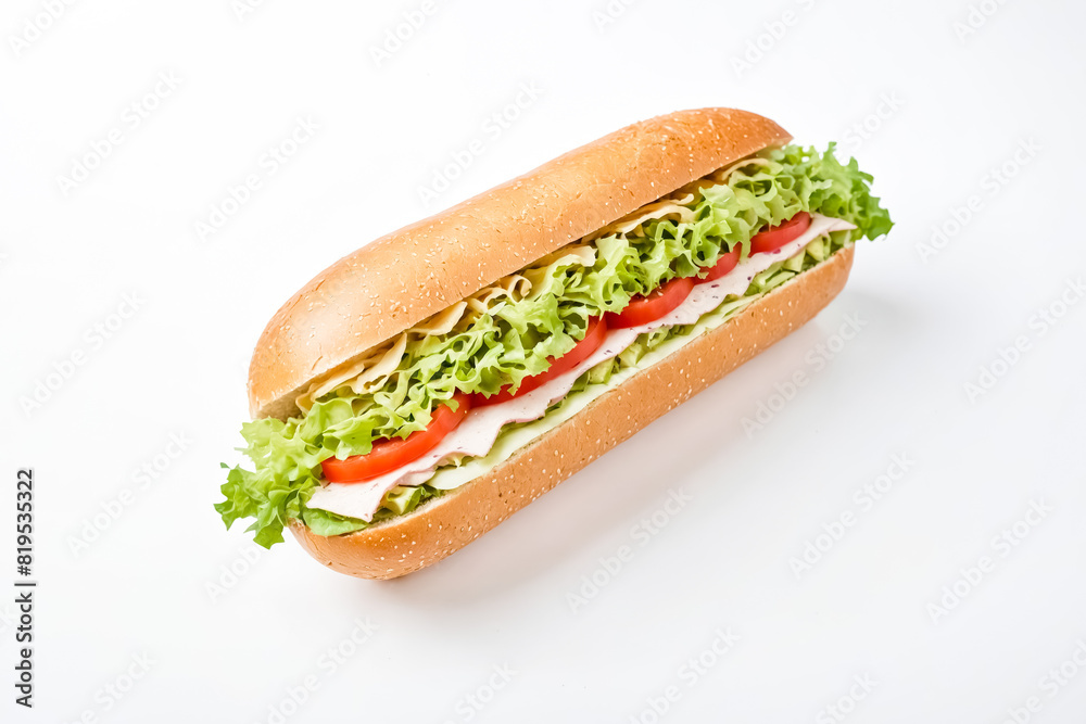 Close-up of a delicious sandwich with lettuce, tomato, and cheese on a white background Close-up of a delicious sandwich with lettuce, tomato, and cheese on a white background