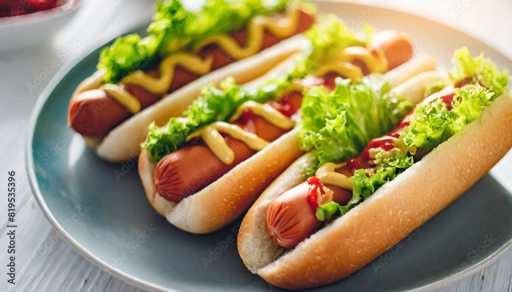 hot dogs neatly arranged on a white plate. Bright lighting accentuates the vibrant colors, creating an appetizing display on a white tabletop background. Perfect for food-themed visuals hot dogs neatly arranged on a white plate. Bright lighting accentuates the vibrant colors, creating an appetizing display on a white tabletop background. Perfect for food-themed visuals