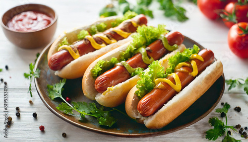 hot dogs neatly arranged on a white plate. Bright lighting accentuates the vibrant colors, creating an appetizing display on a white tabletop background. Perfect for food-themed visuals