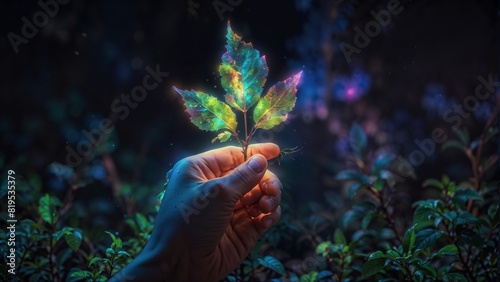 Hand holding a small green leaf in the forest at night with colorful lights.
