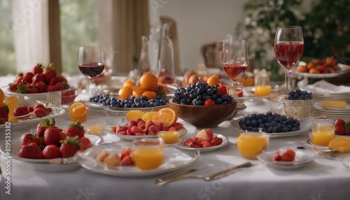A table with various items on it including strawberries  blueberries  an orange and glass of wine.