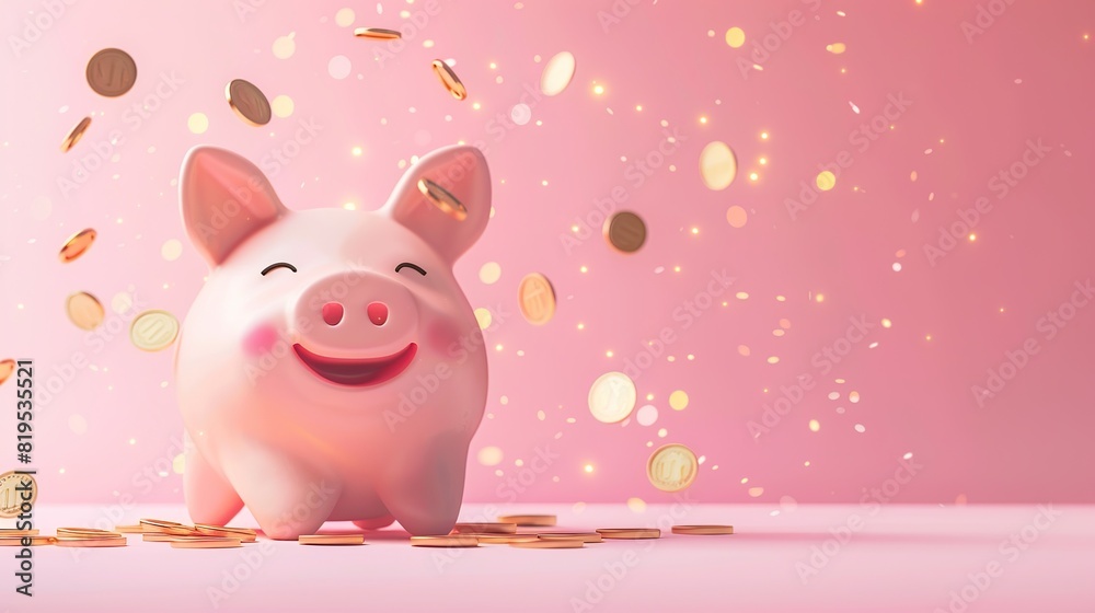 Happy piggy bank on table with falling gold coins. Saving, investment, profit and financial growth concept. Happy piggy bank on table with falling gold coins. Saving, investment, profit and financial growth concept.