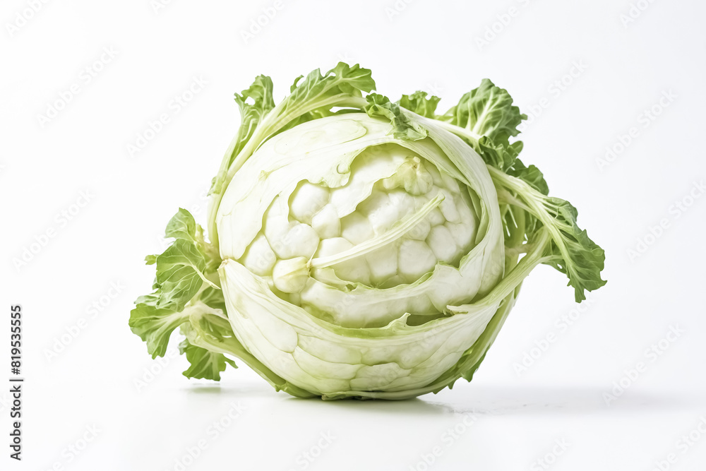 Fototapeta premium Head of Cauliflower with Green Leaves on White Background