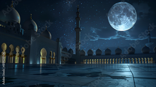 Moon light shine through the window into islamic mosque interior Ramadan Kareem islamic background
 photo