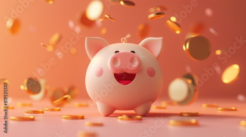 Happy piggy bank on table with falling gold coins. Saving, investment, profit and financial growth concept.