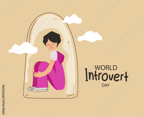 World Introvert Day. An image of an introverted person sitting under a glass hood. A conceptual banner.  Hand drawn vector illustration