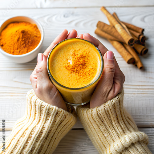 Hands holding glass of organic curcumin honey golden milk, Indian turmeric latte on white wooden table background. Top view spices yellow chai natural drink healthy food concept. AI generated