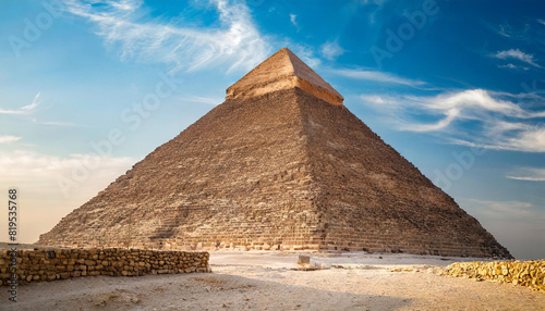 Egyptian pyramid under a clear blue sky  symbolizing the grandeur and mystery of ancient civilizations. The pyramid s geometric precision and massive scale highlight its architectural marve