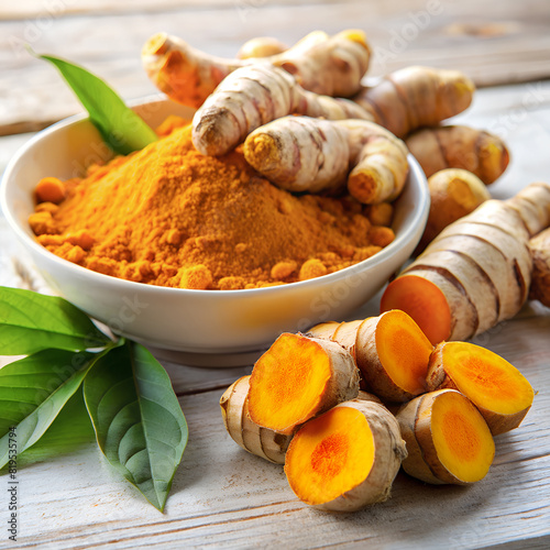 Turmeric roots (Curcuma longa) on wooden table, top view fresh organic curcumin spice and blurred background of turmeric powder in white bowl. AI generated