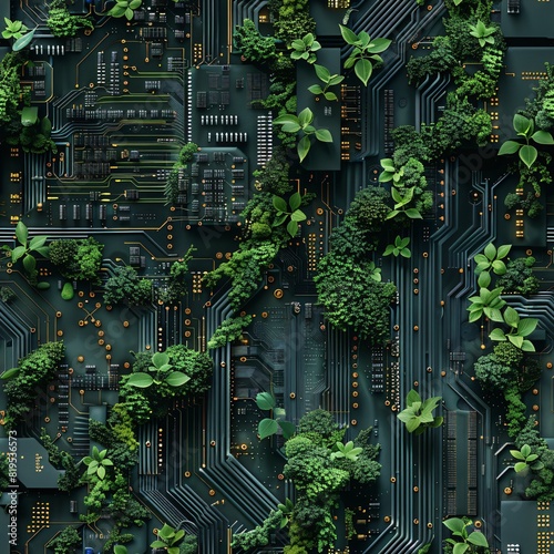 Close-up of a circuit board with lush green plants growing on it, symbolizing the fusion of nature and technology.
