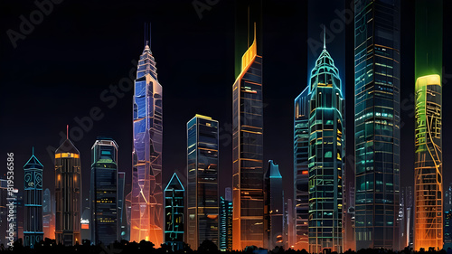 Glossy and artistic neon light effect urban landscapes of modern towering cities and Skyscrapers or Artistic textures and futuristic townscapes ai generative #819536586