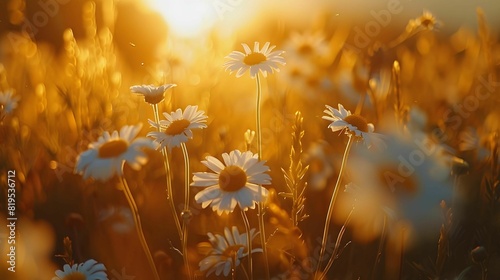 The image shows a field of daisies in the morning sun