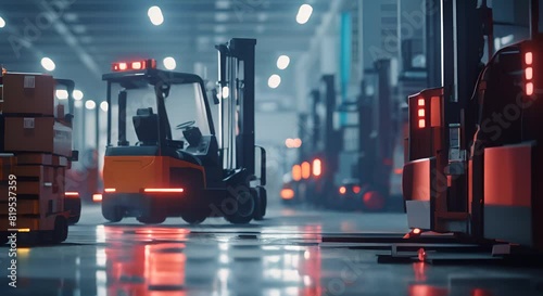 Scene depicting AI forklifts equipped with voice recognition, receiving verbal instructions from operators, photo