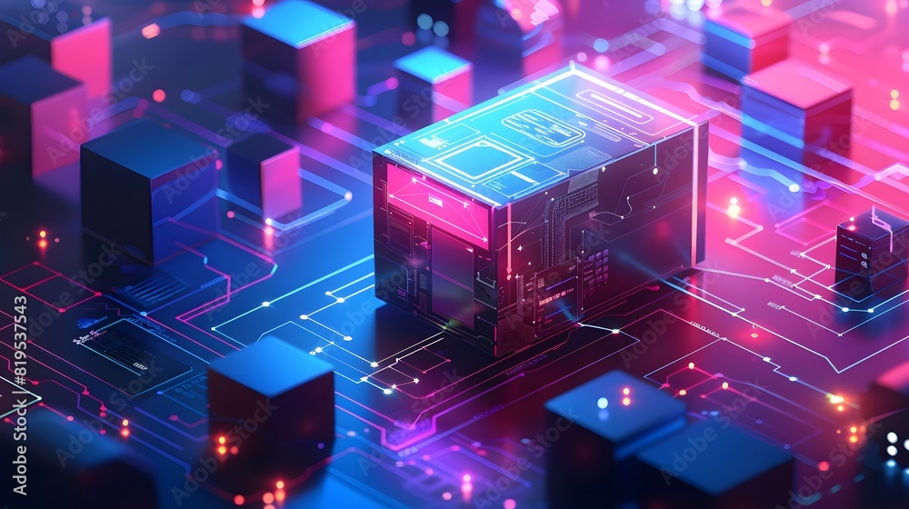 Isometric 3D render of a new laptop package, showcasing a modern, sleek box design with dynamic lighting effects and a tech-themed background Isometric 3D render of a new laptop package, showcasing a modern, sleek box design with dynamic lighting effects and a tech-themed background