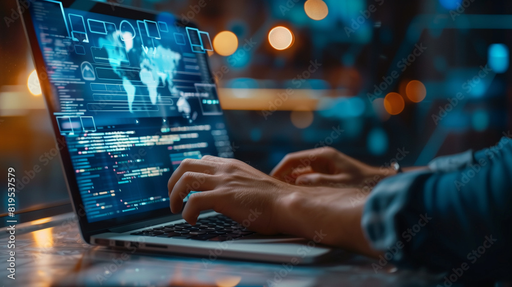 software development featuring software engineer using laptop, modern digital internet technology, an IT developer writing a program code, typing hands software development featuring software engineer using laptop, modern digital internet technology, an IT developer writing a program code, typing hands