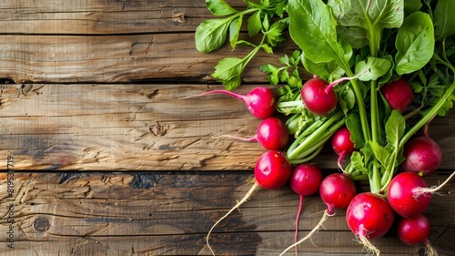 Visualize a picturesque scene featuring a heap of fresh radishes, complete with their vibrant tops and leaves, arranged on a rustic wooden background. 

