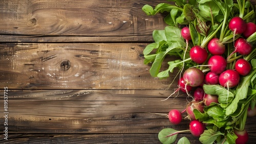 Visualize a picturesque scene featuring a heap of fresh radishes, complete with their vibrant tops and leaves, arranged on a rustic wooden background. 