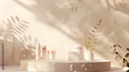 Isometric 3D render of a premium skincare product line arranged on a sleek podium, with soft, flattering lighting and an elegant, serene background photo