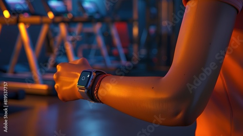 Isometric 3D render of a person wearing a smart fitness watch, showcased in a close-up of the wrist during a workout session with gym equipment in the background photo