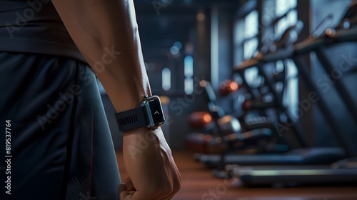Isometric 3D render of a person wearing a smart fitness watch, showcased in a close-up of the wrist during a workout session with gym equipment in the background