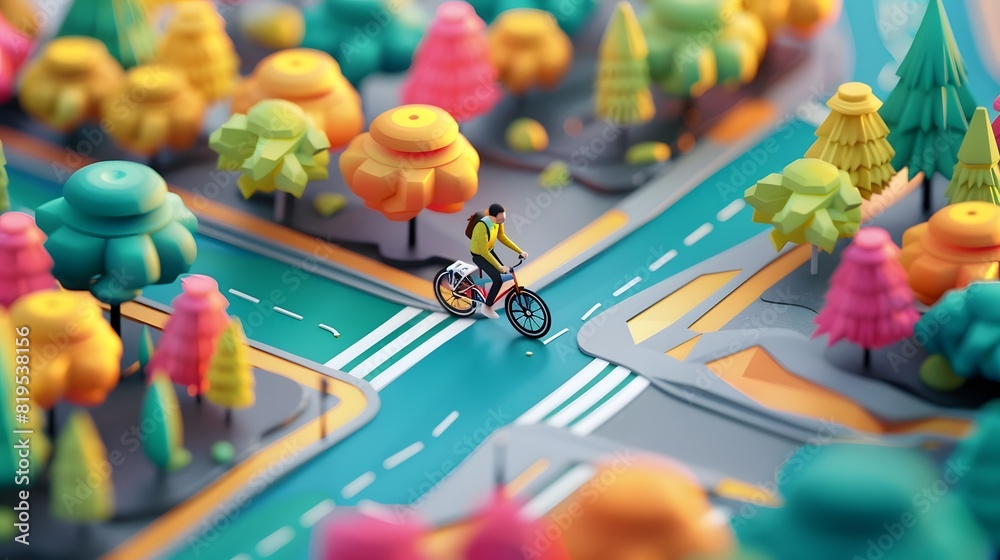 Isometric 3D render of a person wearing wireless earbuds while cycling, set in a vibrant city park with trees and a bike path in the background