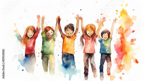 Happy five children raise hand painting in watercolor on white background