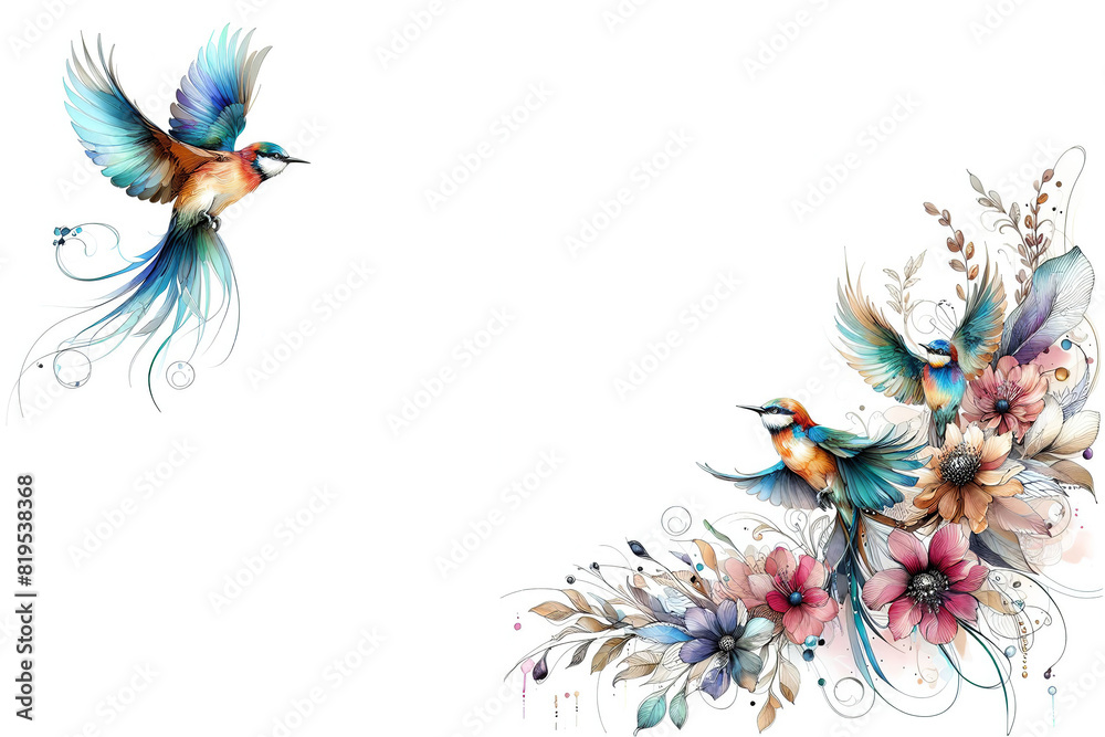 Elegant birds flying among the flowers on a white background.