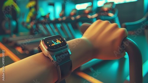 Isometric 3D render of a fitness watch on an athletic wrist, with key features highlighted and a dynamic gym environment in the background, along with a swipe-up prompt #819538352