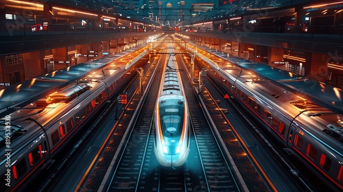 A futuristic train station with highspeed magnetic levitation trains