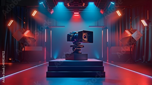 Isometric 3D render of a high-performance camera set on a professional podium, with dramatic lighting and a studio backdrop enhancing its premium look photo